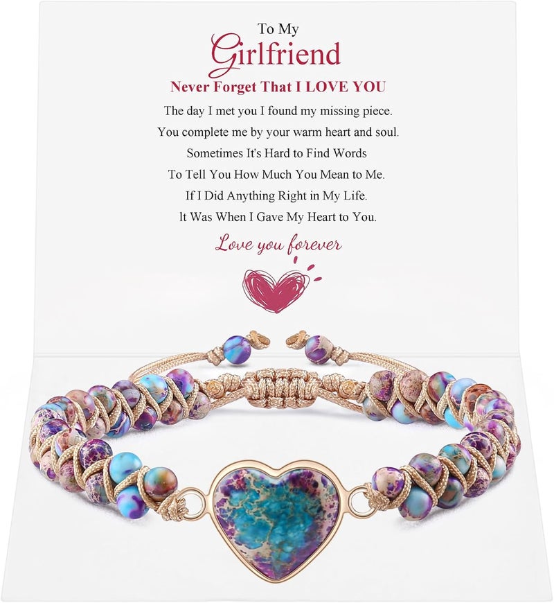 BABORI Jasper Heart Bracelet Adjustable Imperial Stone Beaded Braided Handmade Bracelet for Women Birthday Anniversary Mothers Day Christmas Graduation Jewelry Gifts for Her Mother Daughter - Image 1